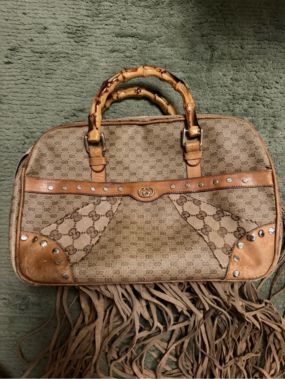 Custom Gucci Brown GG Canvas Bamboo-Handle Fringe Satchel